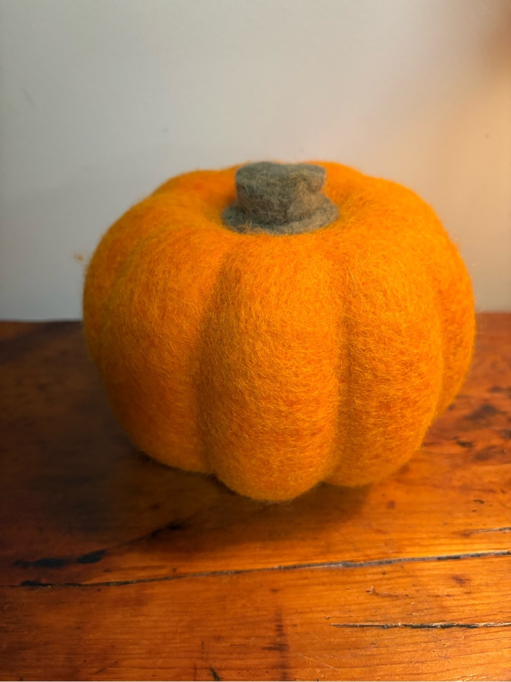 Felt Wool Pumpkin Home Accent - Orange Ribbed Body Green Stem